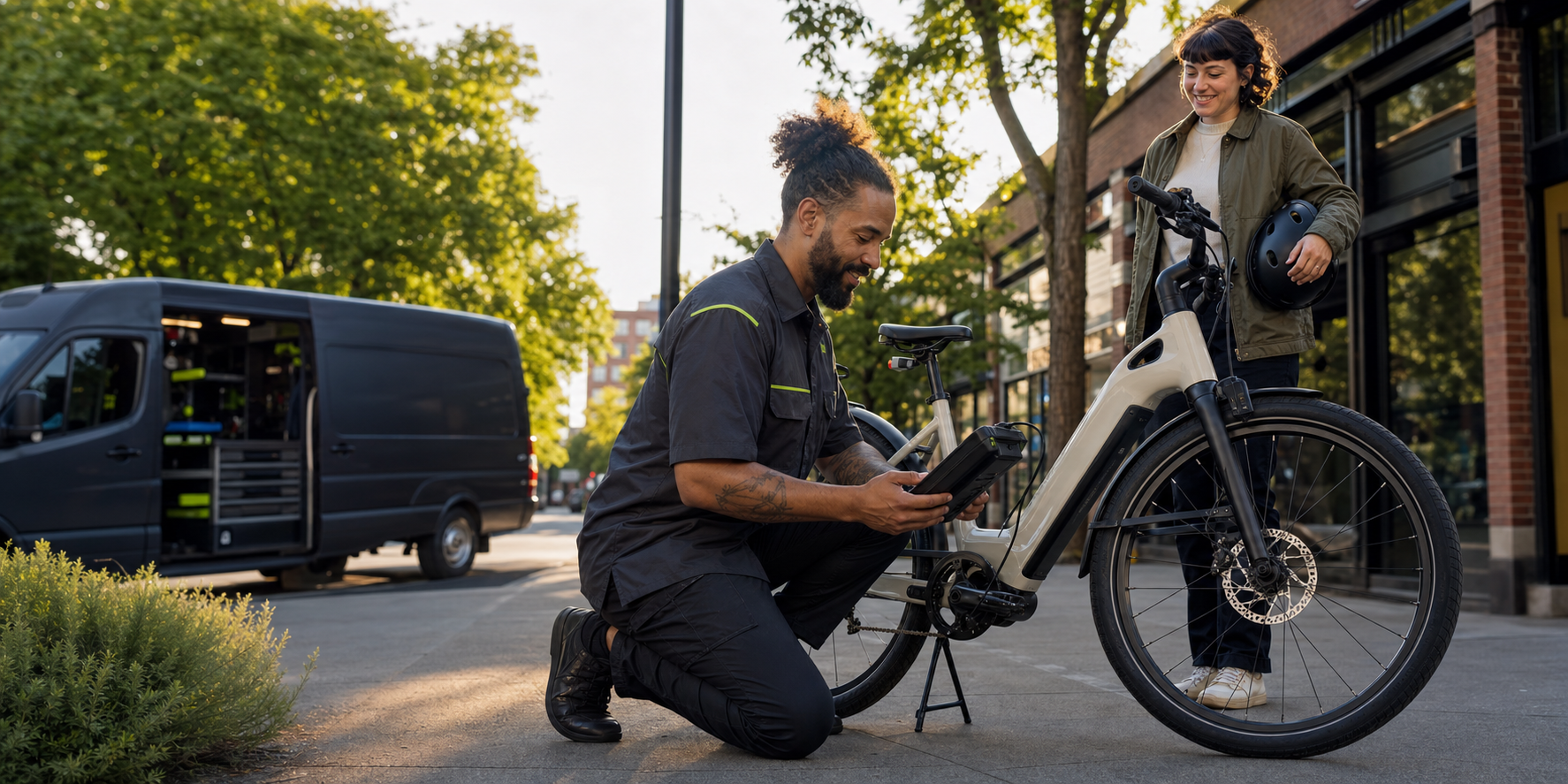 LlamaFix technician diagnosing an e-bike at a rider's location